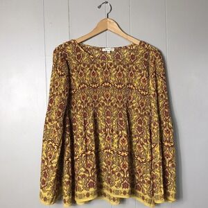 MAX STUDIO YELLOW GARNET FLORAL CRINKLE PLEATED BLOUSE BELL SLEEVE WOMENS LARGE